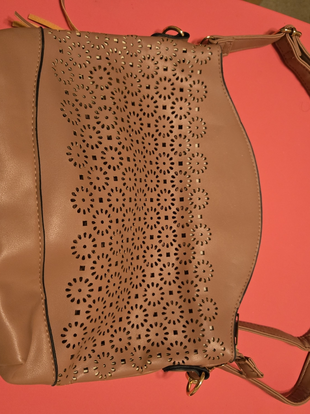 Laser-Cut Floral Shoulder Bag in Tan